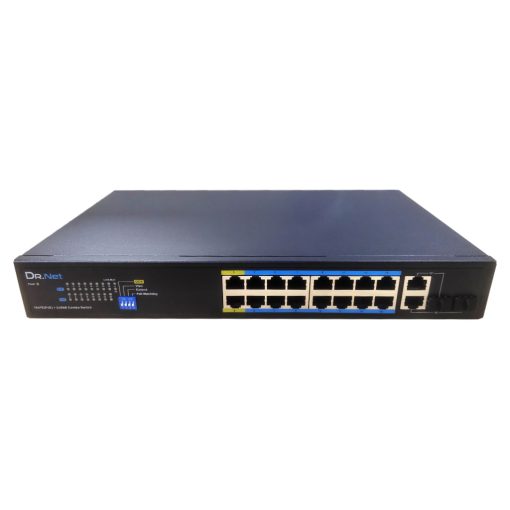 DrNET CSFE18-16P-200W – Switch PoE Fast Ethernet de 18 puertos: 16 puertos PoE 10/100 Mbps y 2 puertos Uplink