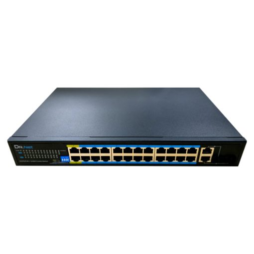 DrNET CSFE26-24P-360W – Switch PoE Fast Ethernet de 26 puertos: 24 puertos PoE 10/100 Mbps y 2 puertos Uplink