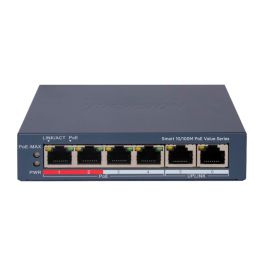 Hikvision DS-3E1106P-EI/M Switch PoE Gestionable 4 Puertos PoE 802.3af/at + 2 Uplink