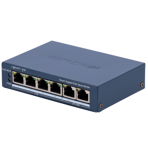Hikvision DS-3E1506P-EI/M Switch PoE Gestionable 4 Puertos PoE 802.3af/at + 2 Uplinks