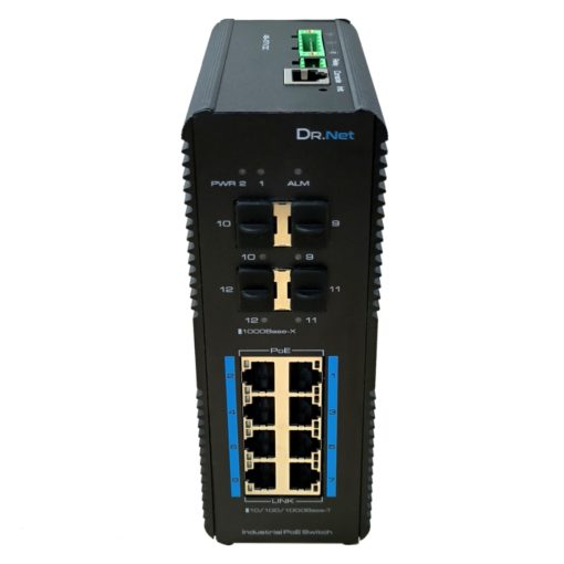 DrNET ISGE12L2-8P-144W – Switch Industrial L2 Gestionado Gigabit PoE de 12 puertos: 8 puertos PoE Gigabit y 4 puertos