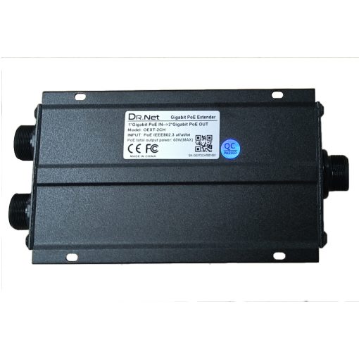 DrNET OEXT-2CH – Extensor Gigabit PoE impermeable para exteriores de 3 puertos: 1 entrada (*PoE IN*) y 2