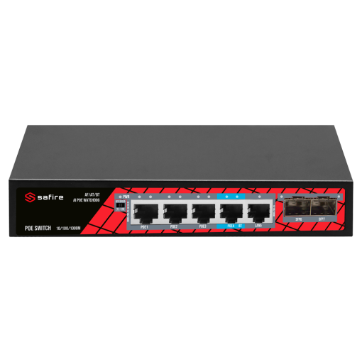 Safire SF-SW0704HIPOE-GMF-65 Switch PoE 4 puertos PoE + 1 Uplink RJ45 + 2 SFP (1G/2