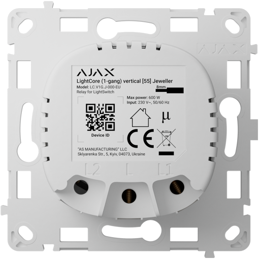 Ajax AJ-LIGHTCORE-1G-VERT Relé interruptor inteligente simple vertical - Inalámbrico 868 MHz Jeweller - Alcance de