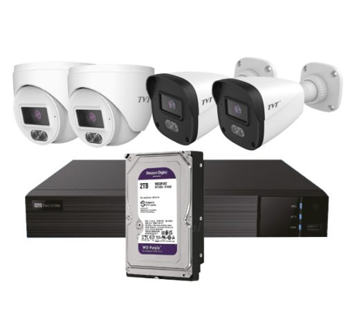 TVT KIT BULLET/DOMO IP TVT 4CH Kit CCTV IP NVR 4CH PoE + 2 Domos 4MP 2.8mm + 2 Bullets 4MP 2.8mm + HD2TB