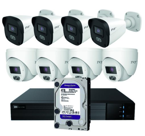TVT KIT BULLET/DOMO IP TVT 8CH Kit CCTV IP NVR 8CH PoE + 4 Domos 4MP 2.8mm + 4 Bullets 4MP 2.8mm + HD4TB