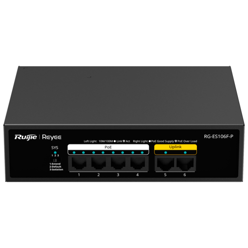 Reyee RG-ES106F-P Reyee Switch PoE Sobremesa - Carcasa Metal - 6 puertos RJ45 10/100 Mbps - 4 Puertos PoE+