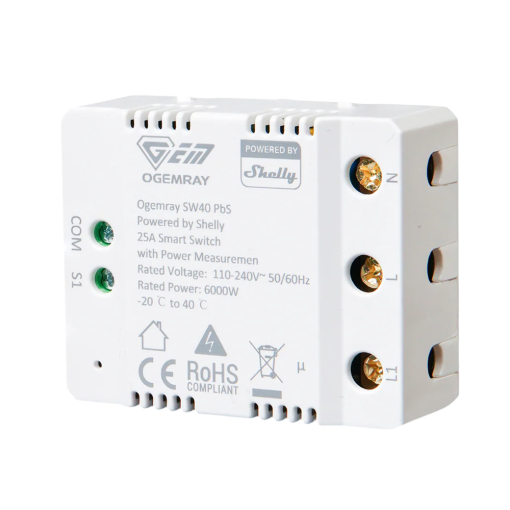 Shelly SH-OG-SMART-RELAY-25A Relé Ogemray Smart 25A - Controlador Inteligente / Grado Industrial - Relé de 1 canal /