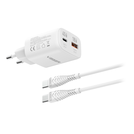 Veger VG-TR101-kit-45W1A1C VEGERCargador de pared con cable incluidoPotencia 45W | Con tecnología GaNCarga rápida Salidas