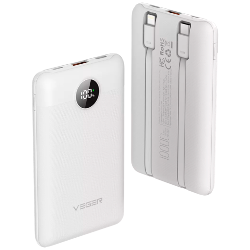 Veger VG-W1170-W VEGER Power bank con pantalla LCDCapacidad 10000mAhEntradas Lightning, USB-C, Cable
